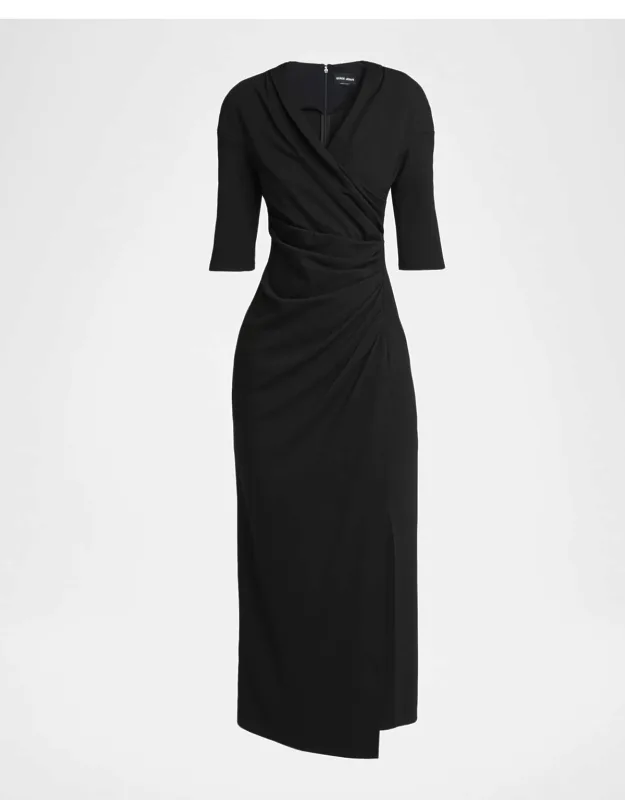 Draped Crepe Slit Midi Dress