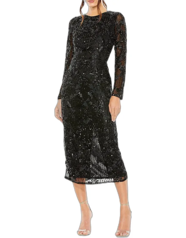 High-neck Beaded Long-sleeve Midi Dress