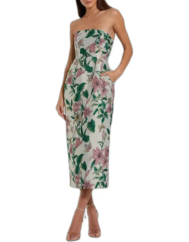 Floral Brocade Strapless Midi Dress