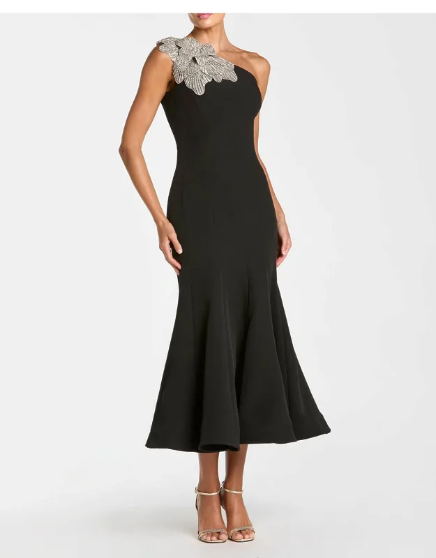 Floral Applique One-shoulder Crepe Midi Dress