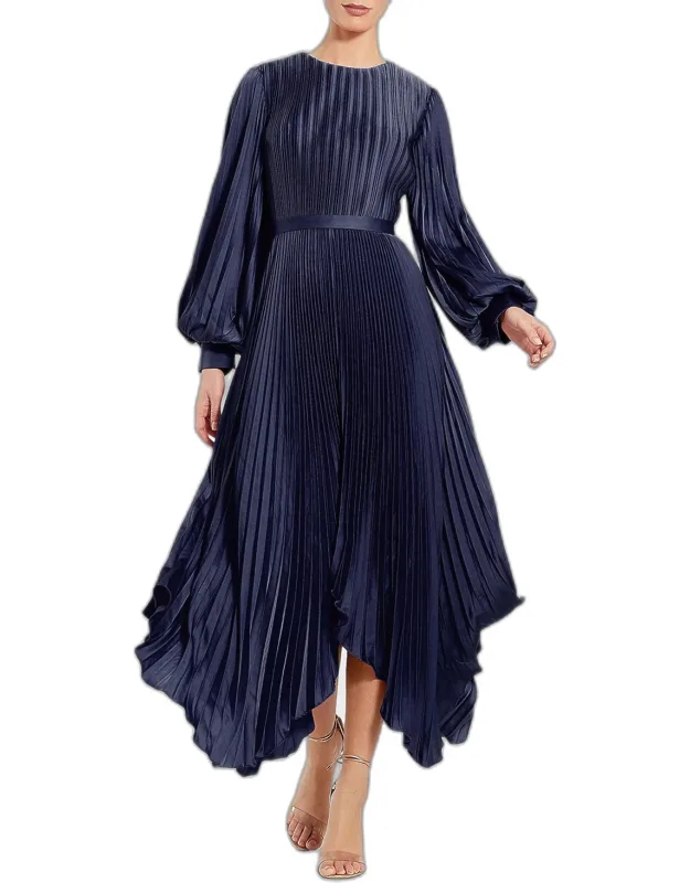 Pleated Satin Handkerchief Midi Dress