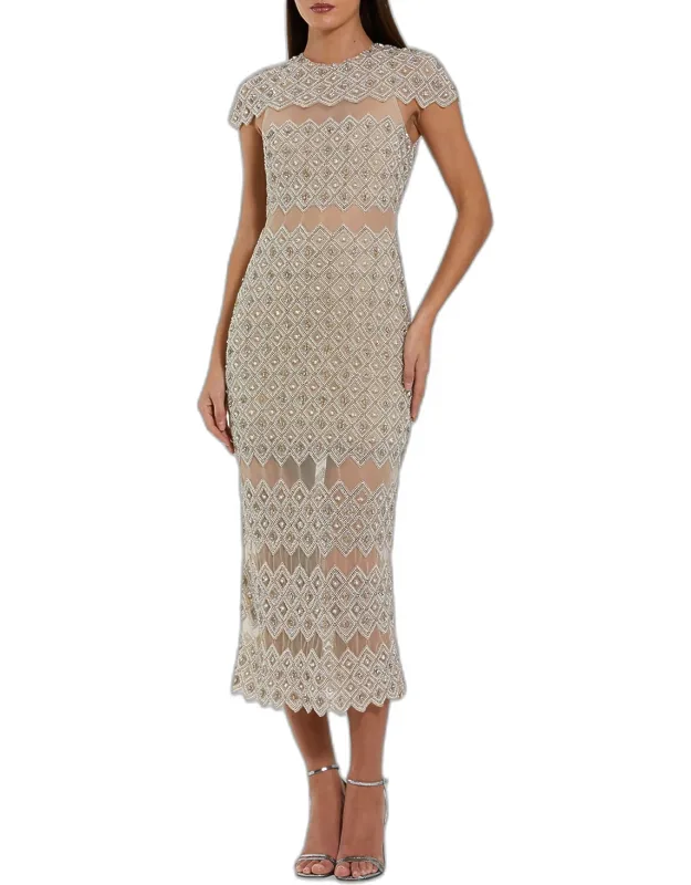 Sheer-inset Beaded Mesh Bodycon Midi Dress
