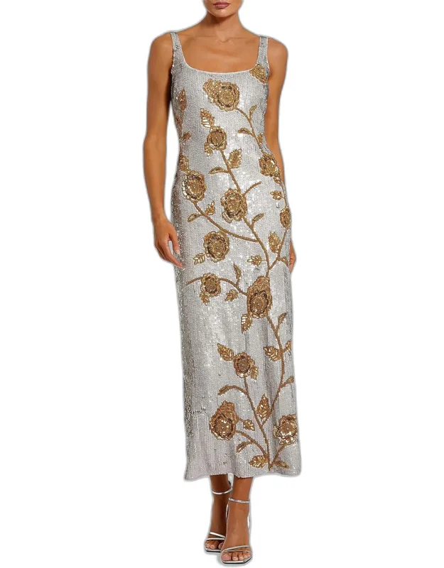 Sequined Floral Mesh Cocktail Midi Dress