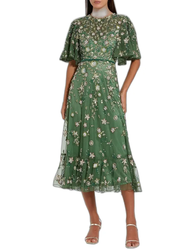 Floral Beaded Mesh Midi Dress