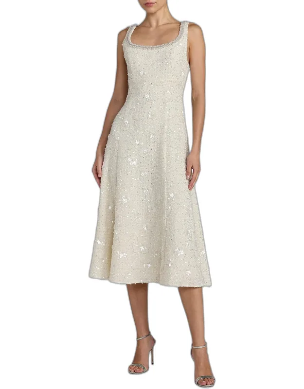 Boucle Embellished Square Neck A-line Midi Dress