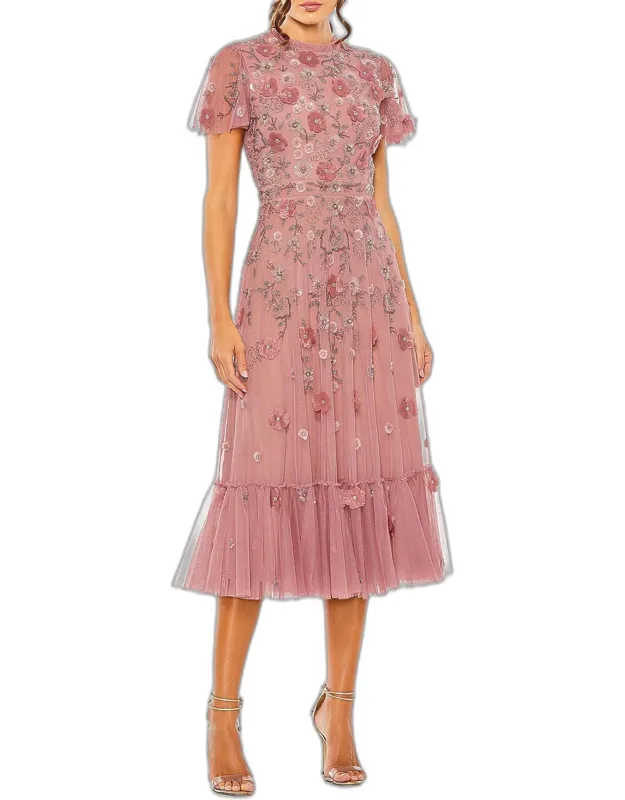 Sequin Floral Applique Tulle Midi Dress