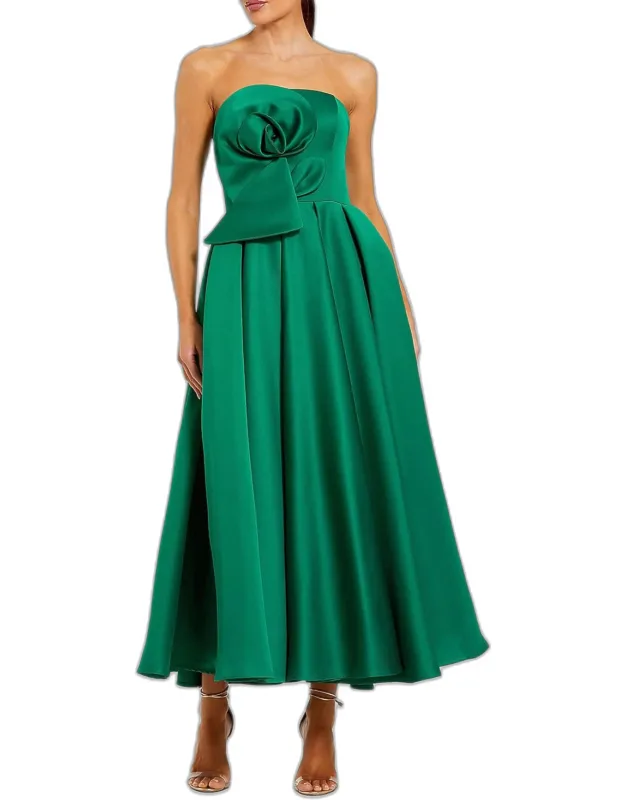 Rosette-embellished Strapless Satin Midi Dress