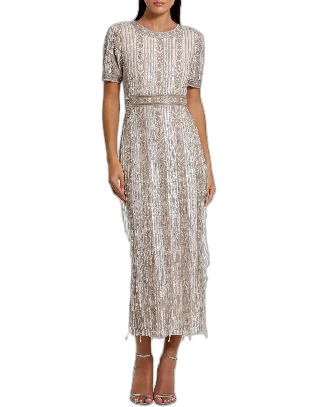 Geometric Beaded Cocktail Midi Dress