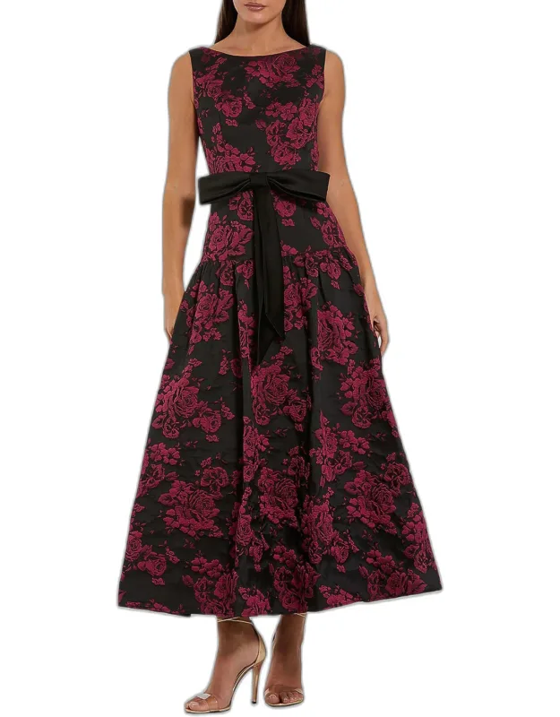 Satin Bow-waist Floral Brocade Midi Dress