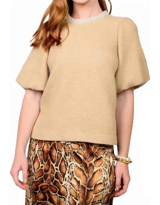 Beaded Neck Puff Sleeve Top