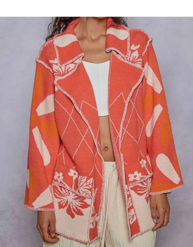 Stitch Detail Floral Collared Relaxed Fit Cardigan