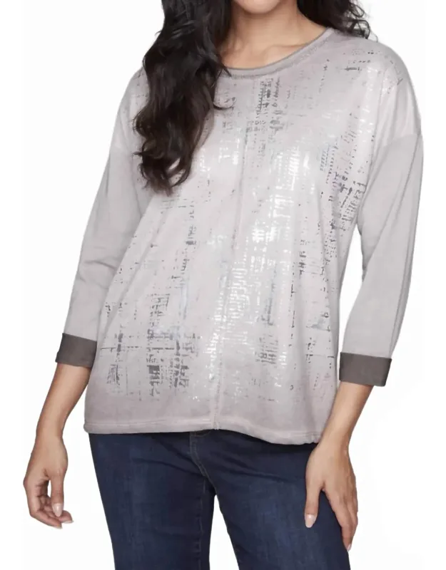 Metallic Stamped Front Long Sleeve Top