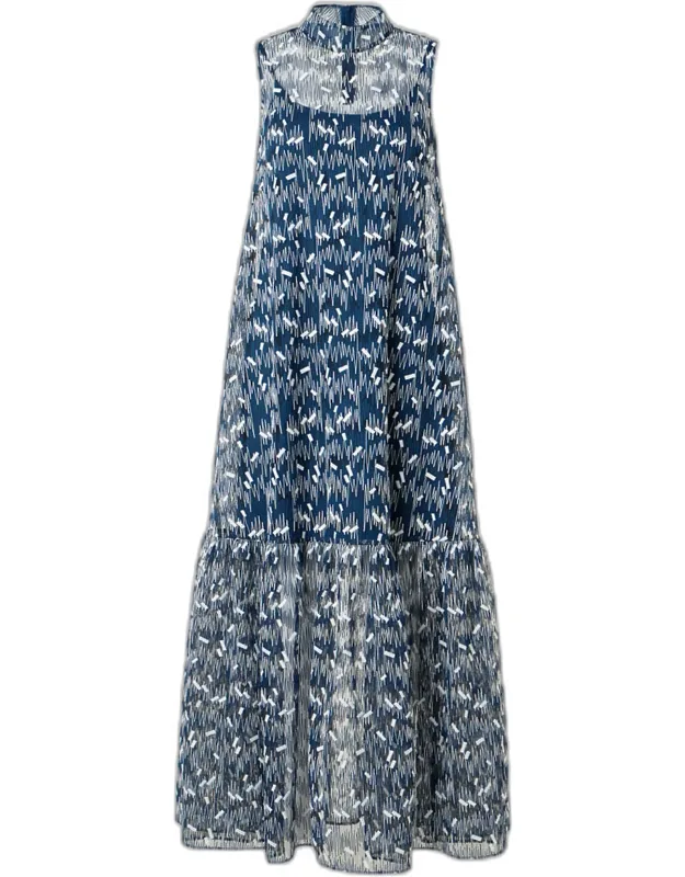 Scribble Embroidered Tulle Sleeveless Maxi Dress