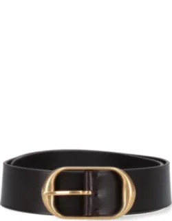 Belt In Brown Leather With Gold Metal Buckle