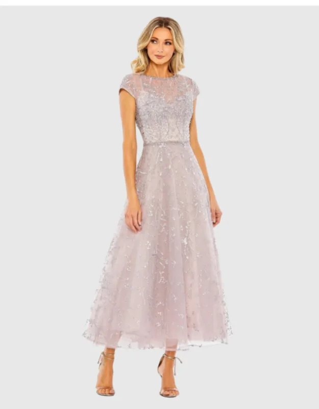 Embellished High Neck Cap Sleeve A Line Dress