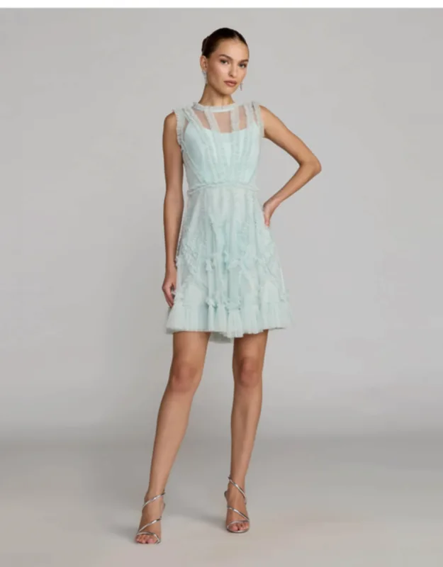 Light Blue High Neck Sleeveless Micro Ruffle Mini Dress