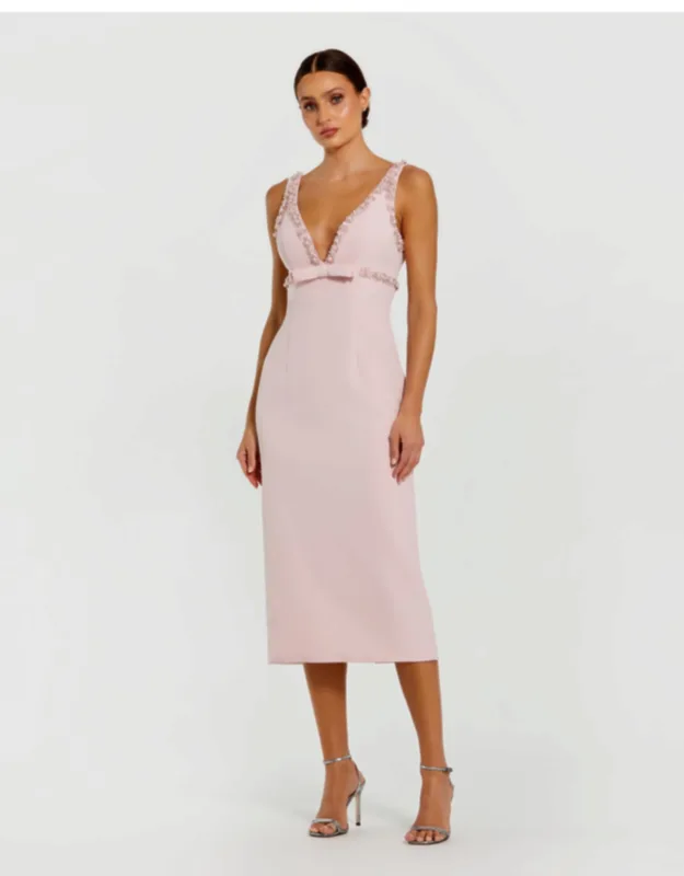 Fitted Midi Dress With Bow And Beaded Trim