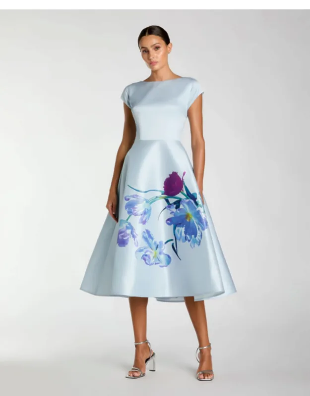 Satin Cap Sleeve Midi Dress With Floral Print