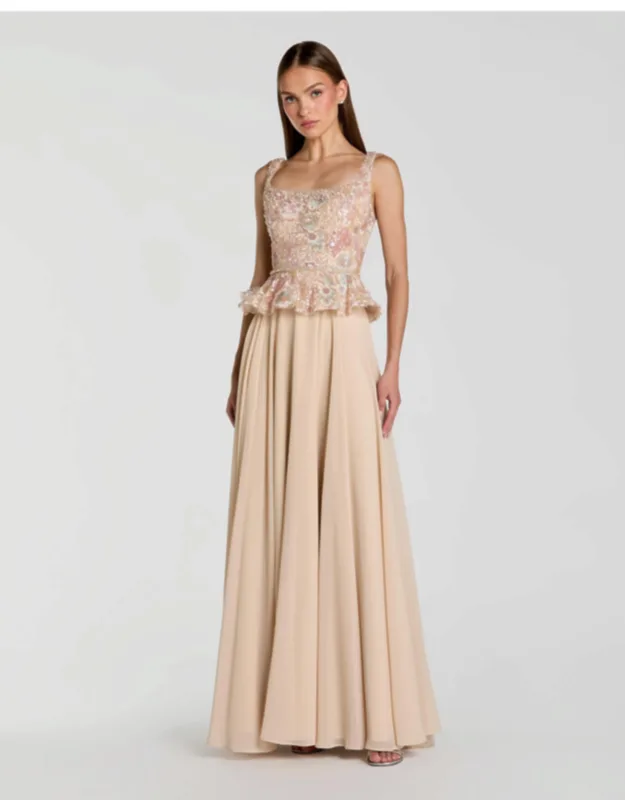 Embroidered Peplum Top With Chiffon Skirt Gown