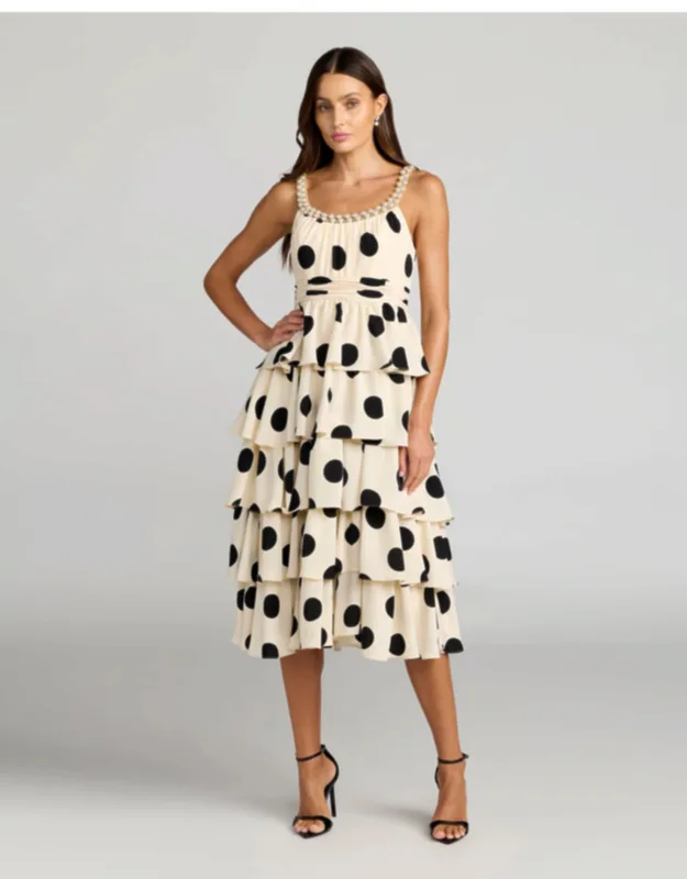 Polka Dot Pearl Trim Ruffle Midi Dress