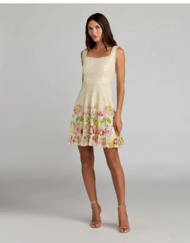 Floral Sequin Square Neck Mini Dress