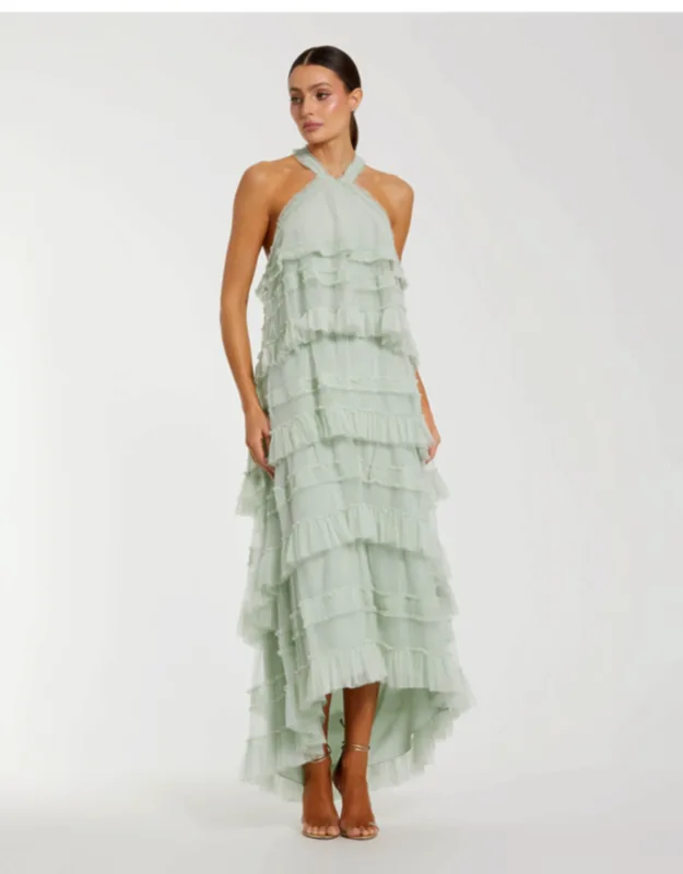 Tiered Ruffle Halter Neck Midi Dress