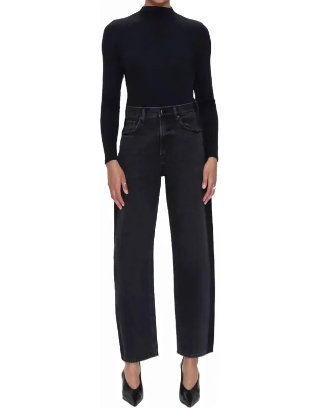 Wes High Rise Jeans With Dramatic Barrel Leg And Tuxedo Stripe