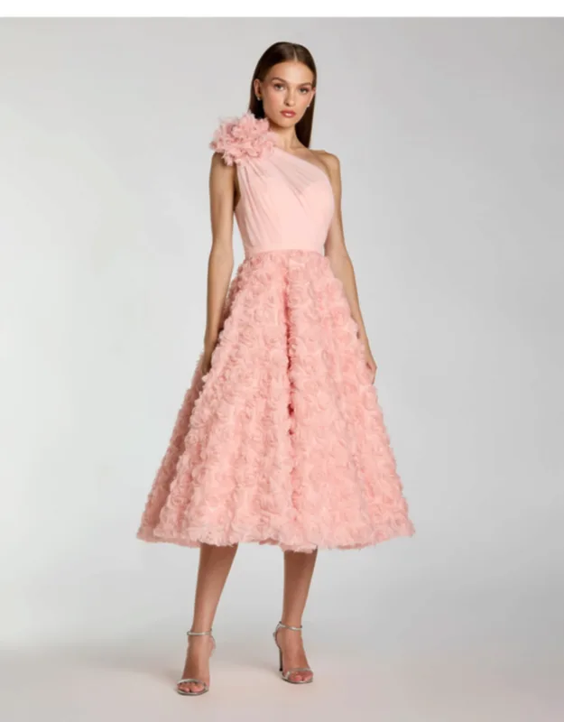 One Shoulder 3d Floral Rosette Midi Dress