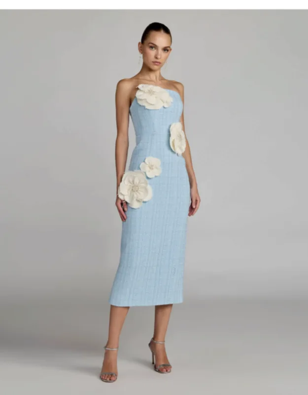 Boucl Strapless 3d Floral Midi Dress