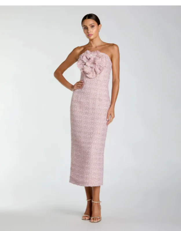 Strapless Boucl Midi Dress With 3d Flower