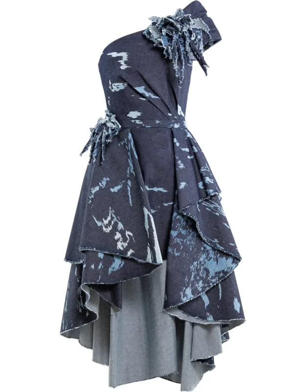 One-shoulder Printed Denim Dress