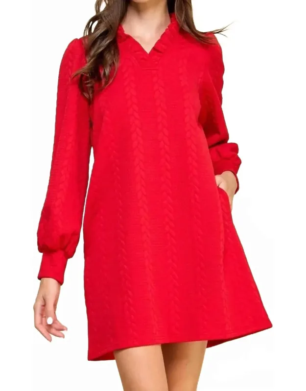 Twist Textured Knit Puff Long Sleeve Dress