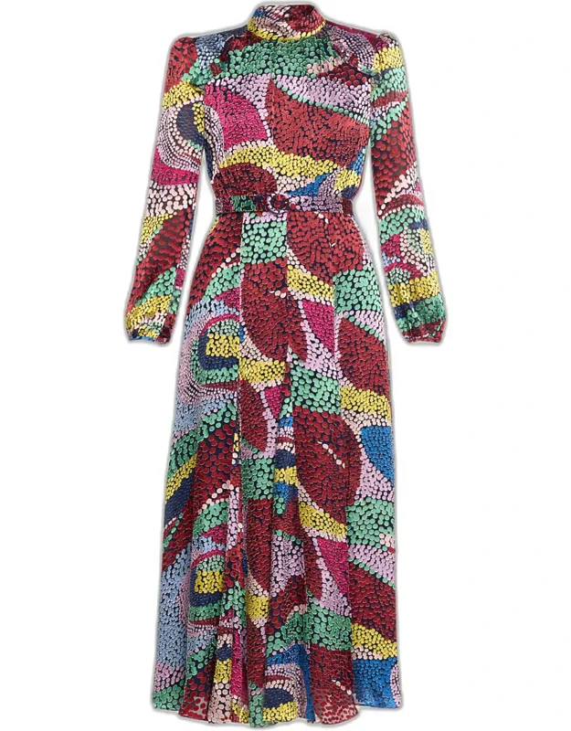 Belted Floral Silk Midi Dress