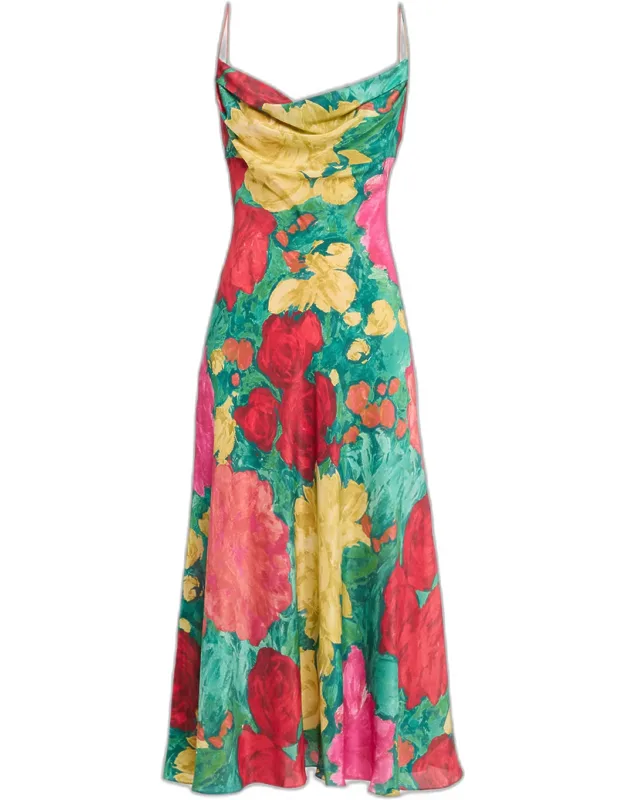 Cowl-neck Floral Silk Midi Slip Dress