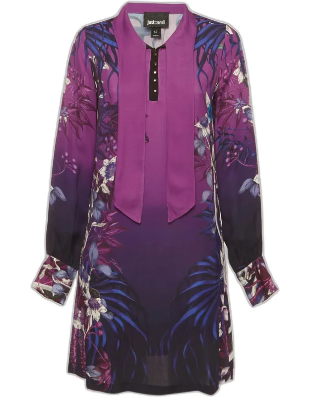 Printed Crepe Neck Tie Detail Mini Dress