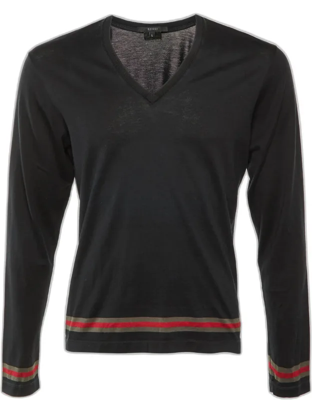Cotton Web Striped V-neck Long Sleeve T-shirt