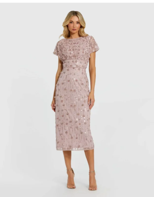 Petite Cap Sleeve Sheath Midi Dress With Floral Beading