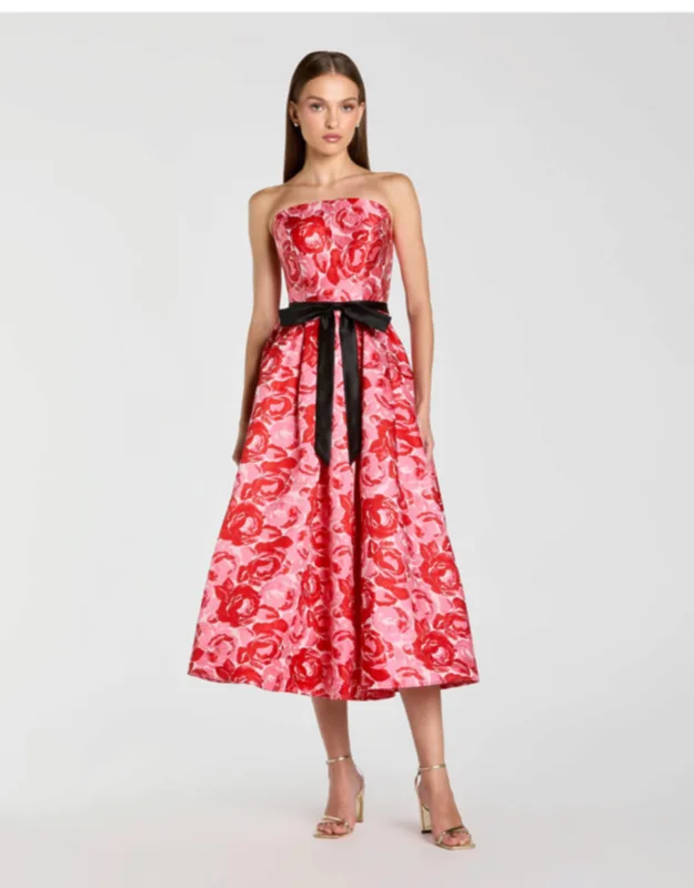 Strapless Brocade Midi Dress With Satin Bow