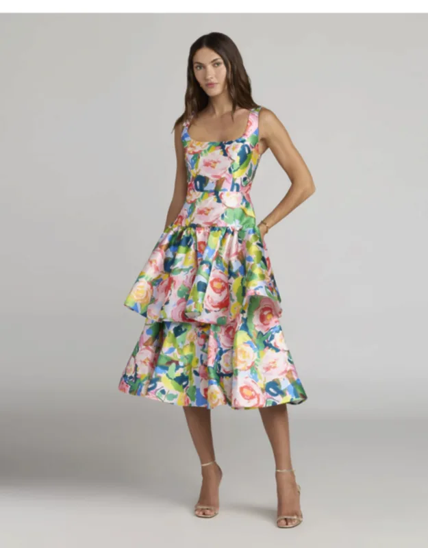 Multicolor Floral Tiered Square Neck Midi Dress