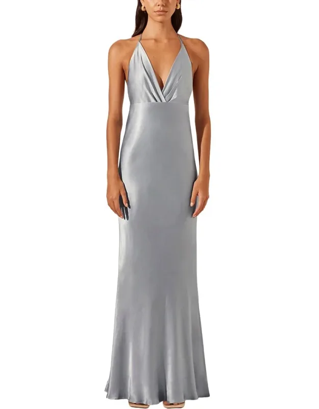 La Lune Plunged Open Back Halter Maxi Dress