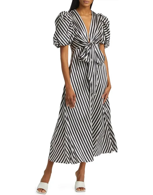 Stripe Wrap Silk Tie Midi Dress