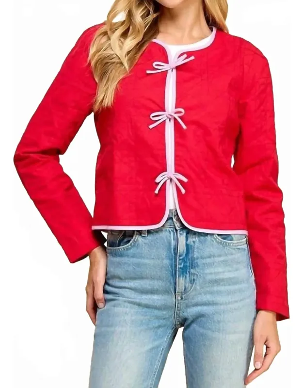 Quilted Long Sleeve Accented Bow Jacket