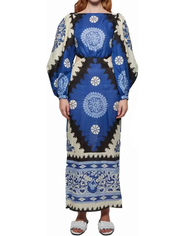 Glorious Rivers Midi Dress With Puff Sleeves And Cutout Waist