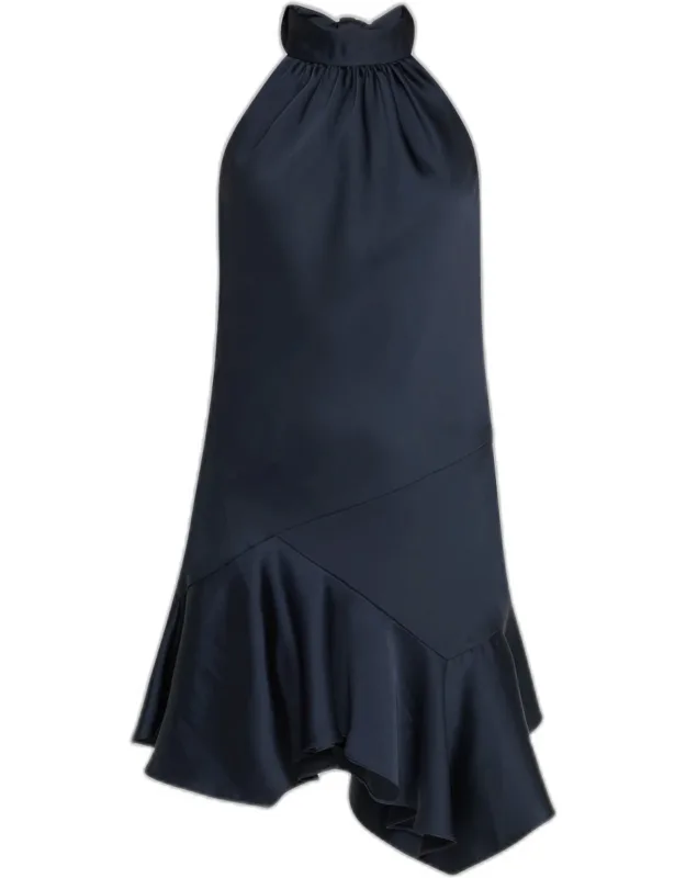Asymmetric Flounce Halter Mini Dress