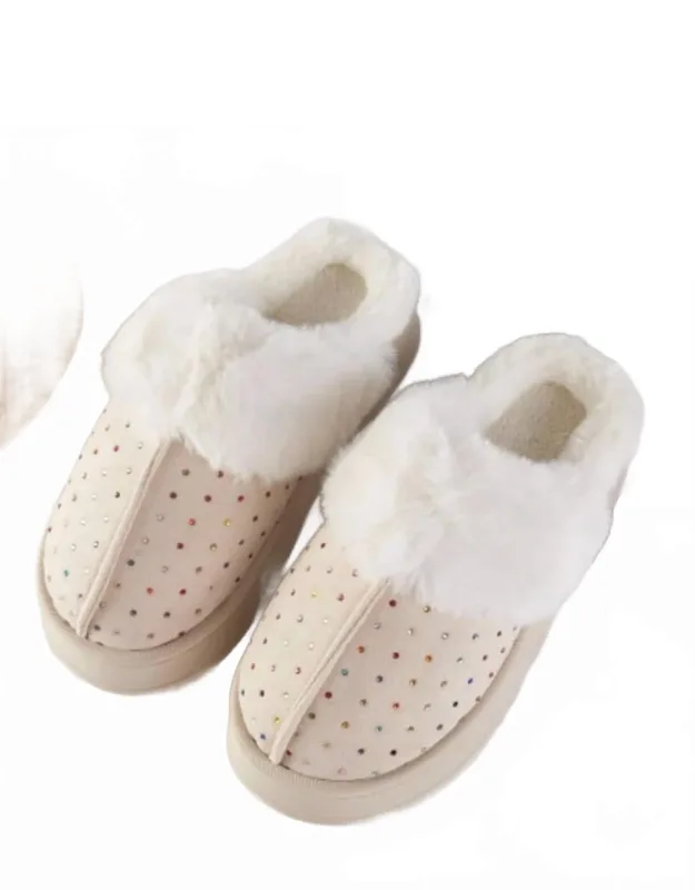 Rhinestone Embellished Fuzzy Plush Home Indoor Floor Slippers