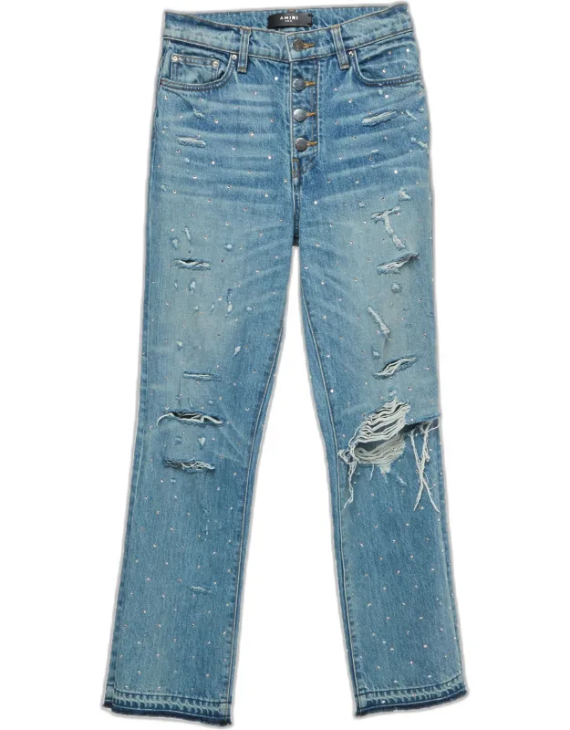 Ripped Denim Rhinestone Jeans