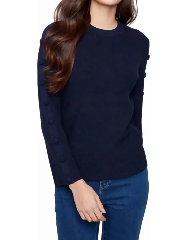 Ribbed Crew Neck Sweater With Button Details