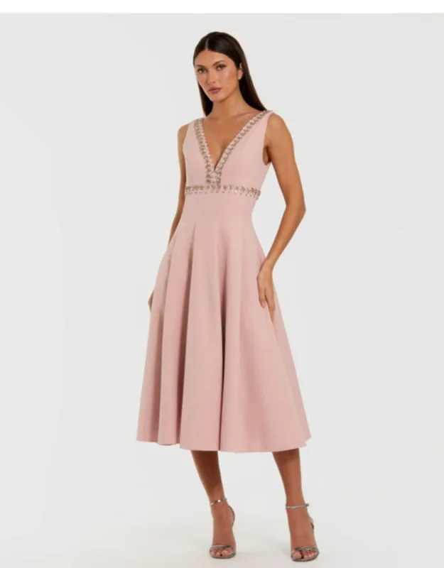 Rhinestone Embellished Crepe A Line Midi Dress