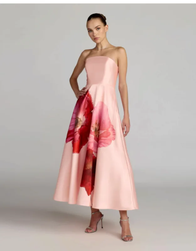 Strapless A-line Midi Dress With Flower Print
