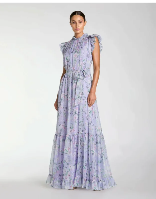 Printed Chiffon Ruffle Sleeve Gown With Bow Belt